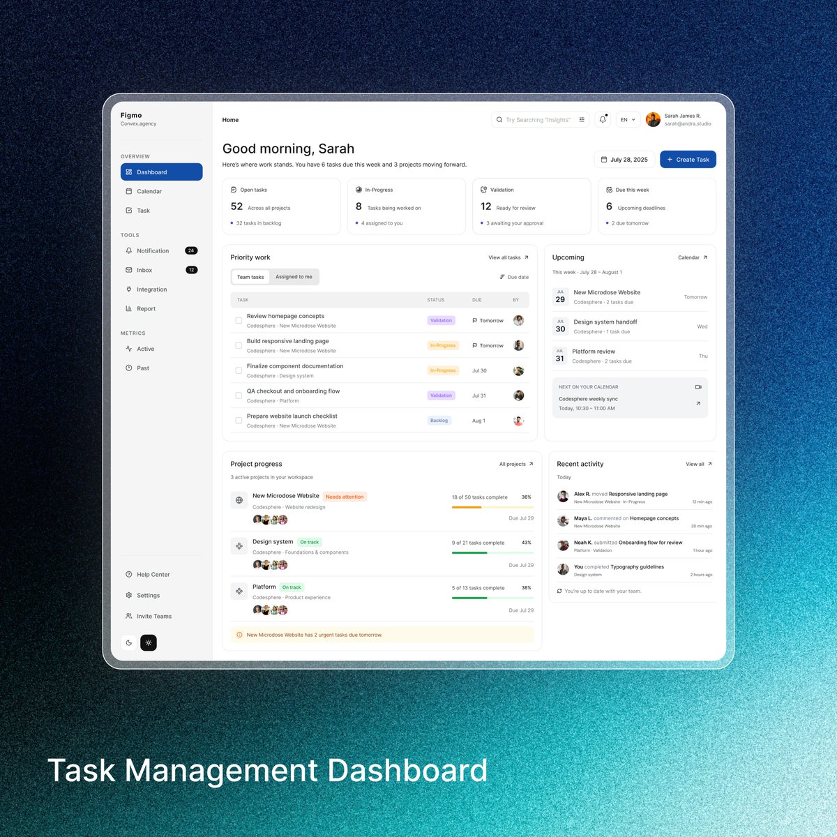 convex_agency's tweet photo. Figmo: a task management dashboard design.
Open tasks, priority work, deadlines, project progress, and team activity in one clean view.
By The Convex Agency
🔗 https://t.co/xS2ExzryST
#UIDesign #SaaS #Dashboard #uiux #Taskmanagement https://t.co/MLAFmZqQsl