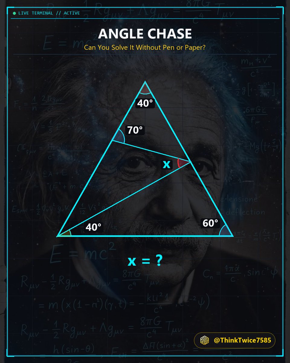ThinkTwice7585's tweet photo. 📐 ANGLE CHASE | PART 1 🧠

One missing angle. Can you crack it? 👀🔥

👇 Comment your answer &amp; show your geometry skills! https://t.co/pP6heYOvsl
