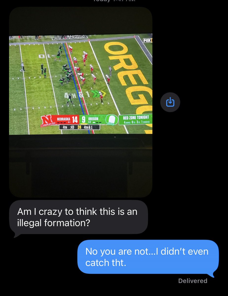 Jsirles71's tweet photo. Just got this text…I didnt catch it right away, but this is 100% an illegal formation…penalty all day long. 

I’m sick about this game. https://t.co/5n8s4rak9F