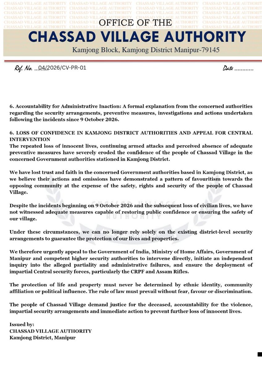 kukigrand2026's tweet photo. #BREAKINGNEWS
Chassad Village Authority demands impartial security deployment, independent probe &amp; full accountability for repeated killings and attacks by NSCN-IM and Tangkhul militants from Burma.

@NIA_India 
@PIBHomeAffairs 

#JusticeForKukiZo https://t.co/XDU2AJN1tM