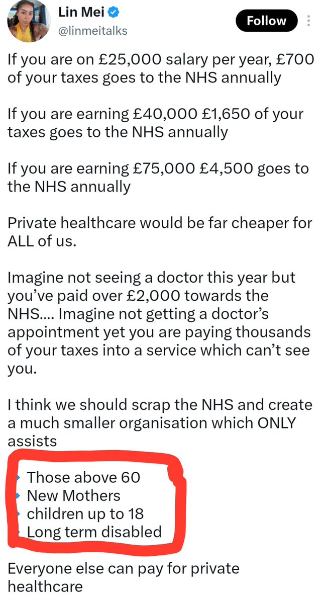 RobSetters's tweet photo. Your taxes would barely change because these groups use the most NHS care. Plus then you would have to sort your own healthcare. It would be more expensive for you.

Unless you subsequently take care away from those groups which is unconscionable. https://t.co/TFzcymVDbf