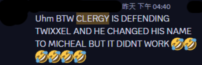 AngelChen0906's tweet photo. #Twixxel 
Just to add up sth most ppl unaware of, during this drama Clergy (a content creator) defended Twixxel and is supportive of him
Clergy is also confirmed to be problematic btw, who used ppl's ideas without credit, wanted to work with Coddev (scammer) and used AI https://t.co/DAbexgRIhX