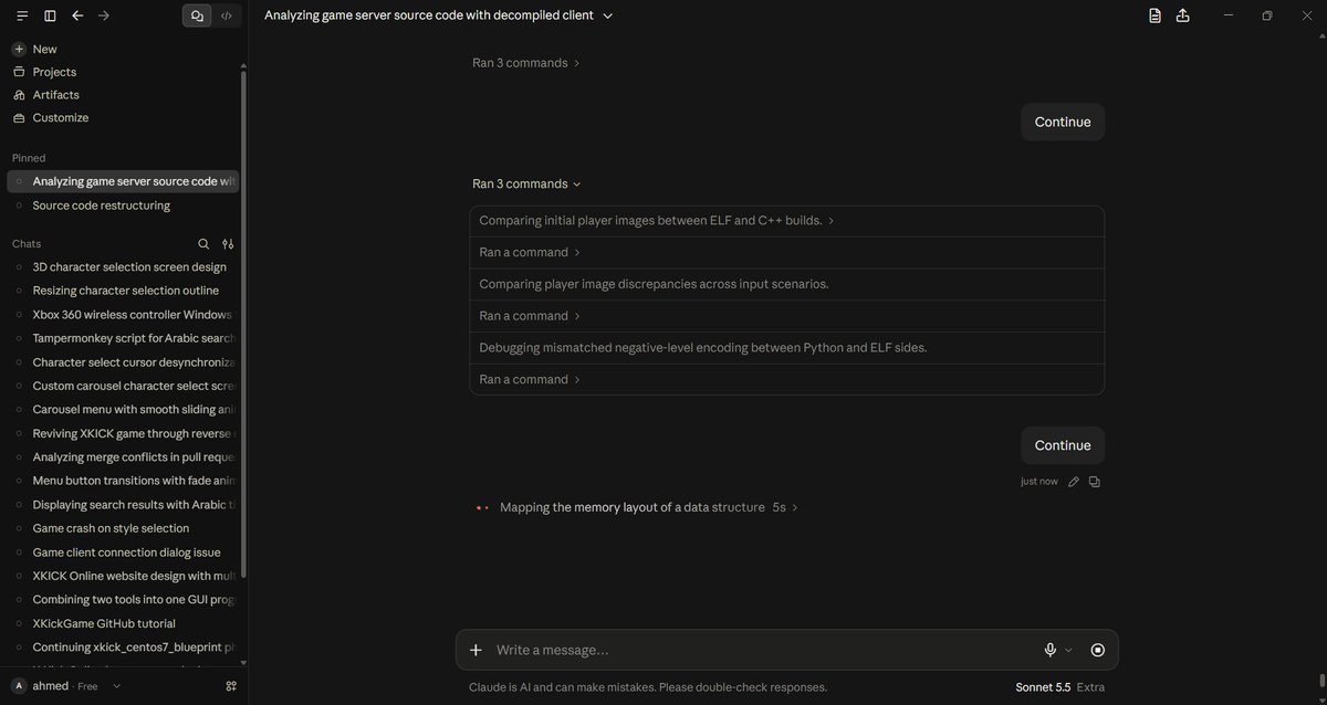 DevDzair60882's tweet photo. @0xCodila i didn't use your method i used chatgpt to asset claude sonnet 5 extra thinking with prompts that let him not to go off the track and using REA github repo , reverse engineering skills , other memories and my old src of the game server and decompiled.exe.c using ghidra . https://t.co/ANGz6QIjnE