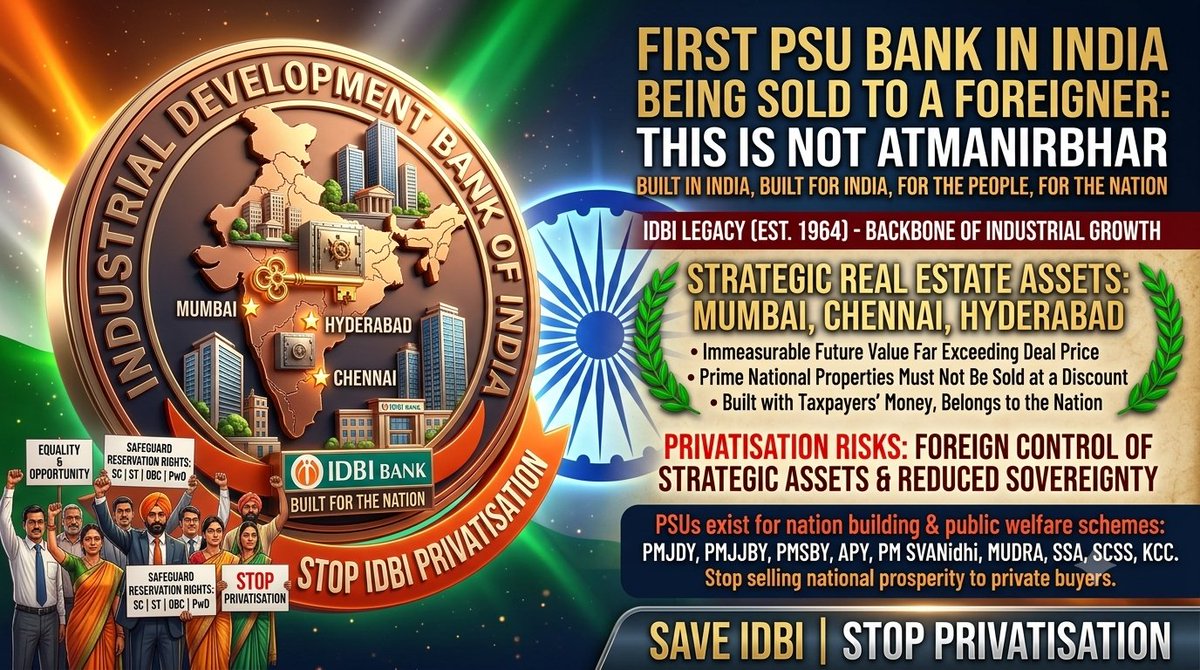 idbinotforsale's tweet photo. IDBI owns irreplaceable, prime land &amp;buildings in metros Mumbai, Chennai, and Hyderabad—real estate with immense future value.
Offloading these national assets at today's discounted valuation is a massive loss to the nation.
#SaveIDBI @PMOIndia @SecyDIPAM @nsitharaman @INCIndia https://t.co/TDAueRDPr6