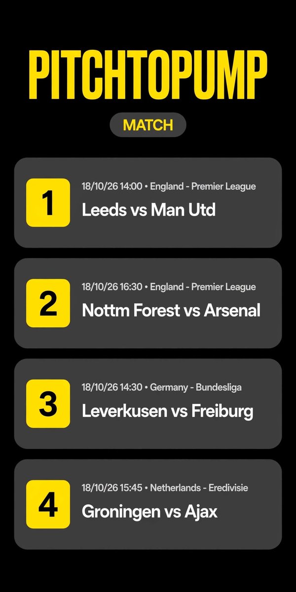 pitchtopump's tweet photo. PITCHTOPUMP - 18/10/26 ⚽️
Sunday Fixtures 🔥
Which match are you watching today? 👇
1️⃣ Leeds vs Man Utd
2️⃣ Nottm Forest vs Arsenal
3️⃣ Leverkusen vs Freiburg
4️⃣ Groningen vs Ajax
Drop your pick below!
#pitchtopump #ManchesterUnited #leverkusen #Ajax #Arsenal. https://t.co/VO0w10IfWw