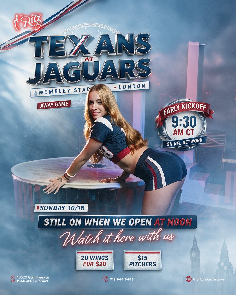 ritzhtxvip's tweet photo. Football, Halloween, Sunday crowns 🏈👑🎃
Texans at Jaguars 9:30am CT London, live at noon, $20 wings, $15 pitchers 🍗
Crown Royal $6.75, 12 to 10pm 🥃
Halloween Fri 10/30 day+buffet, Sat 10/31 night, $300 💀
#TheRitzHouston #TexansFootball #CrownRoyal #HalloweenParty https://t.co/Z88mDkXLXK