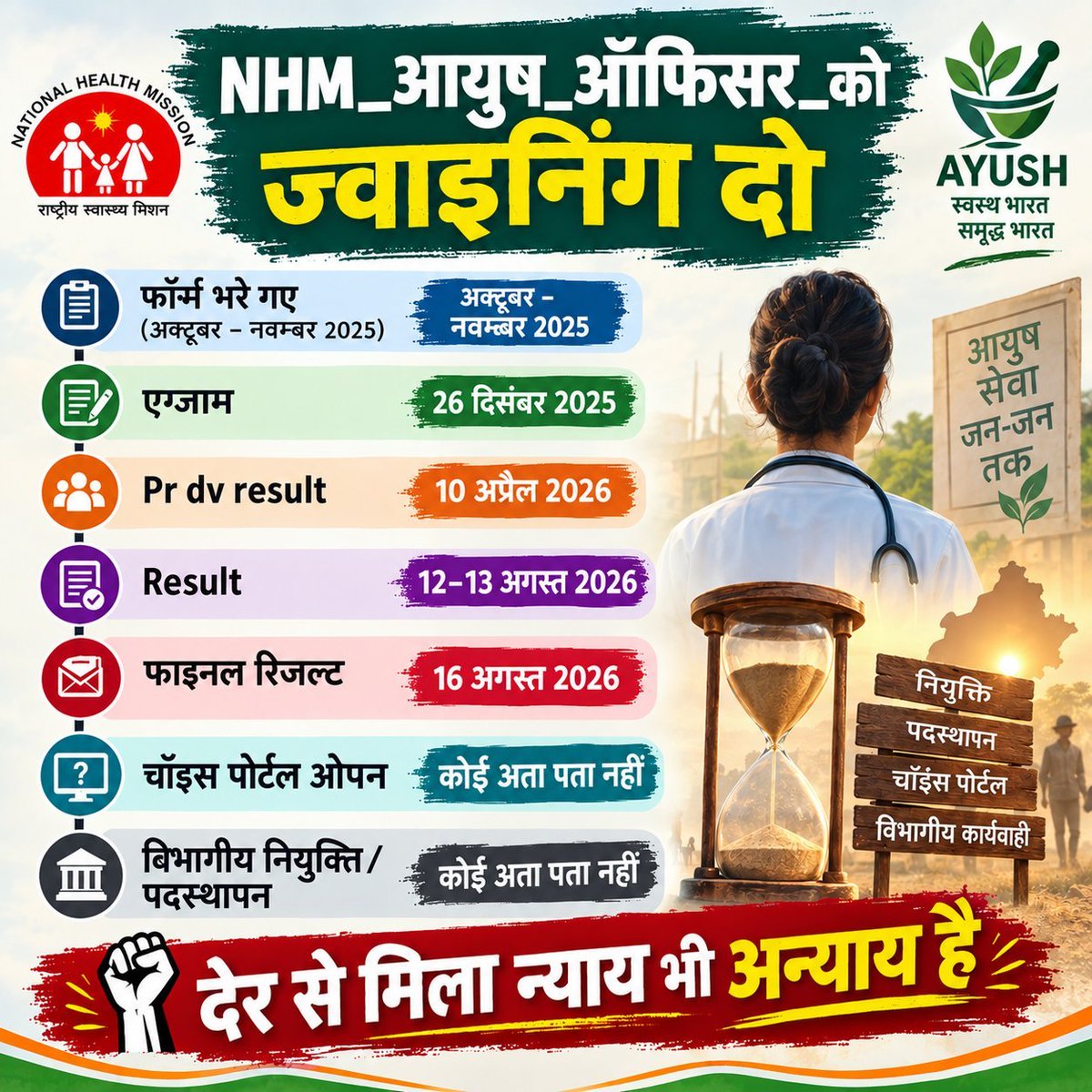 Akansha94571786's tweet photo. आयुष अधिकारी अंतिम परिणाम जारी हुए काफी समय बीत चुका है, फिर भी चयनित अभ्यर्थी नियुक्ति एवं पदस्थापन की प्रतीक्षा में हैं।
माननीय महोदय, कृपया जल्द से जल्द चॉइस फिलिंग करवाकर नियुक्ति प्रदान करें। 🙏
#NHM_आयुष_अधिकारी_जोइनिंग_दो
@GajendraKhimsar
@nhm_rajasthan 
@RajCMO https://t.co/SRyLVlx7eS
