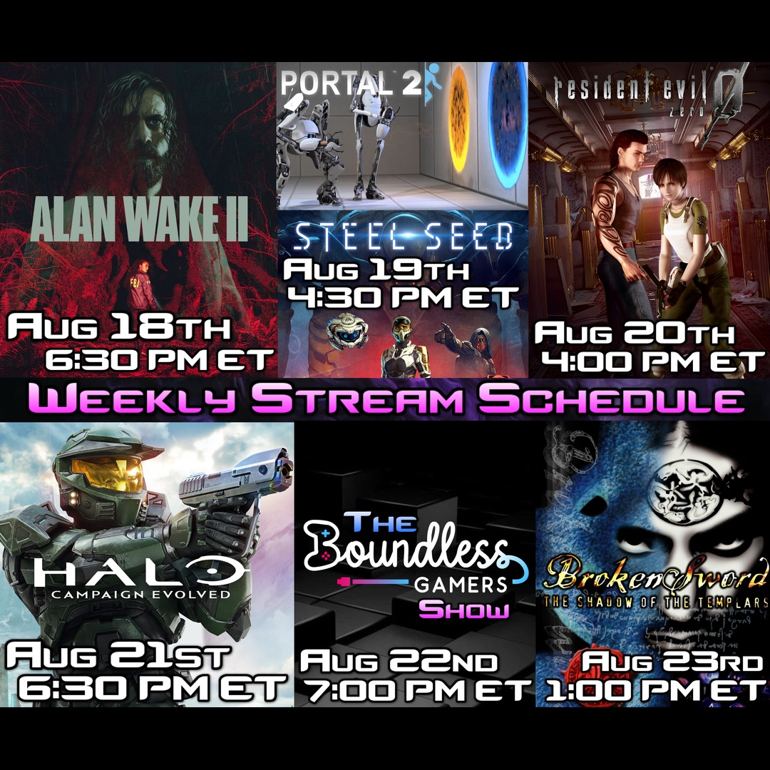 pagnottobiyx's tweet photo. This week’s Twitch schedule
Aug 18, 6:30 PM ET — Alan Wake II 
Aug 19, 4:30 PM ET — Steel Seed 
Aug 20, 4:00 PM ET — Resident Evil Zero 
Aug 21, 6:30 PM ET — Halo: Campaign Evolved 
Aug 22, 7:00 PM ET — The Boundless Gamers Show 
Aug 23, 1:00 PM ET https://t.co/gVjfckYGuD