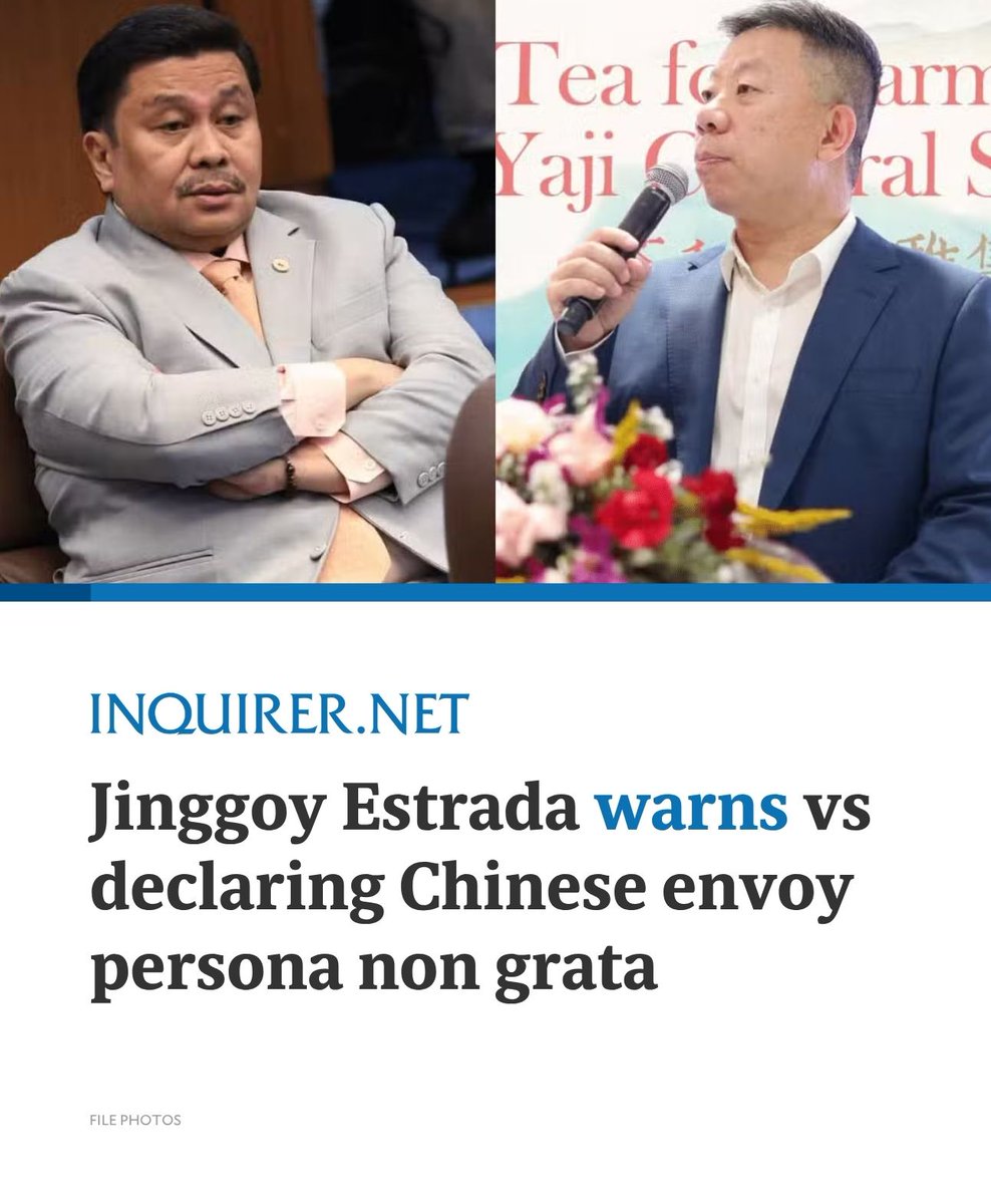 inquirerdotnet's tweet photo. ‘WALANG MAGANDANG IDUDULOT ANG PADALUS-DALOS NA PAGKILOS’

Sen. Jinggoy Estrada on Sunday warned against declaring Chinese Ambassador to the Philippines Jing Quan persona non grata, saying hasty decisions could have consequences despite the envoy’s controversial remarks on China’s military strength.

READ MORE: https://t.co/3gPPhgLs6w