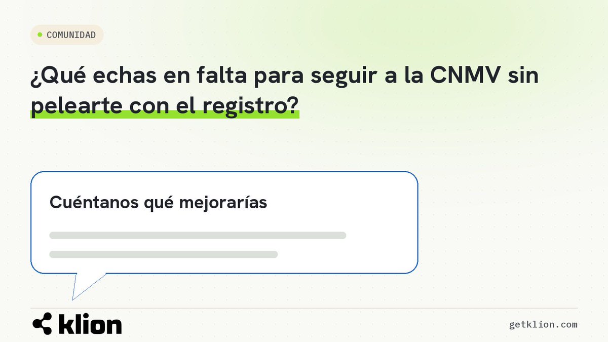 getklion's tweet photo. Seguimos construyendo Klion para seguir las comunicaciones oficiales de la CNMV sin pelearse con el registro. Si inviertes en bolsa española, cuéntanos qué echas en falta 👇 #BolsaEspañola #Inversión https://t.co/OxYLLluF6p