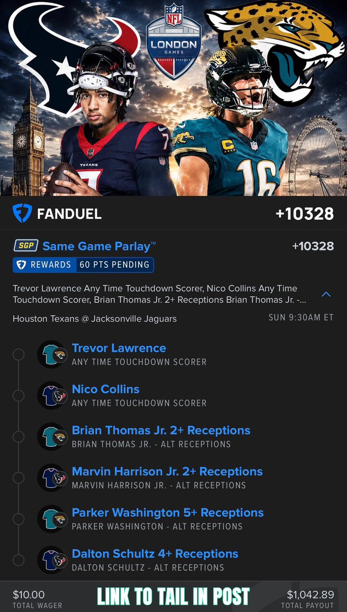 Sloki_Bets_702's tweet photo. 🚨 PRIME TIME PARLAY - LONDON GAMES

🇬🇧 LONDON 100-1

$10 ➡️ $1,042.89 https://t.co/BclQ5KxKeH
