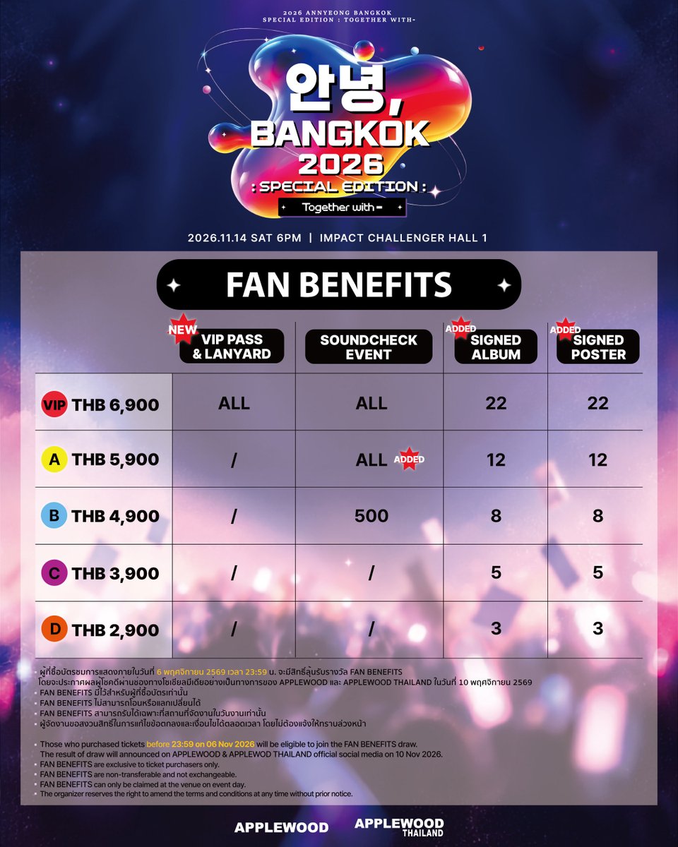 applewood_kr's tweet photo. Annyeong BANGKOK!👋🏻

FAN BENEFITS เพิ่มแบบจุกๆ
แล้วเตรียมตัวไปพบกับ ENHYPEN ได้เลย! ✨
--------------
Annyeong BANGKOK!👋🏻

Check out the newly added FAN BENEFITS and get ready to make unforgettable memories 𝗧𝗢𝗚𝗘𝗧𝗛𝗘𝗥 𝗪𝗜𝗧𝗛 𝗘𝗡𝗛𝗬𝗣𝗘𝗡! ✨

𝟐𝟎𝟐𝟔 [안녕, 𝐁𝐀𝐍𝐆𝐊𝐎𝐊] 𝐒𝐏𝐄𝐂𝐈𝐀𝐋 𝐄𝐃𝐈𝐓𝐈𝐎𝐍 : 𝐓𝐎𝐆𝐄𝐓𝐇𝐄𝐑 𝐖𝐈𝐓𝐇 -
📅 2026.11.14 (SAT) 6PM
📍 IMPACT CHALLENGER HALL 1
🎤 Line up : ENHYPEN
🔗 Ticketing Site : https://t.co/J2apdSczeA 

#안녕_BANGKOK
#ANNYEONG_BANGKOK
#TOGETHER_WITH #ENHYPEN #엔하이픈
#APPLEWOOD #APPLEWOODTH