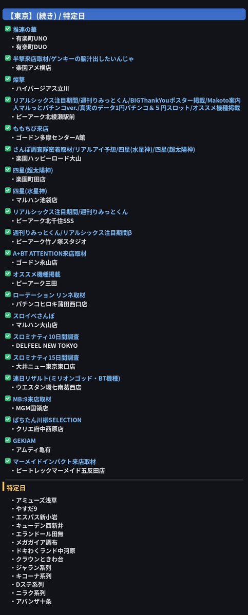 slot_brain's tweet photo. 10月19日（月）のホールスケジュール

【東京】
✅天下無双
・エスパス日拓新大久保駅前店(三暗刻取材)
・エスパス日拓渋谷駅前新館

✅戦極～一球入魂～
・マルハン青梅店

✅YASUDA創業襷取材
・やすだ西池袋6号店

✅天草超絶ホール応援団来店
・ジュラク王子店(初/結城レン来店)

✅ツインインパクト
・楽園渋谷道玄坂店(初調査)

✅LASTCODE
・ビックディッパー新橋1号店(リアルアイ予想)

✅デュアル
・マルハン池袋 SLOT BASE

✅クロロエンジェルＳ来店
・BIGディッパー東中野店

✅S級ホール調査-紫-
・レイトギャップ平和島店

✅S級ホール調査-赤-
・キコーナ府中店

✅ぱちタウンエンジェルス
・メガガイア調布

✅JaranQ
・ジャラン五反田店
・ジャラン浅草店
・ジャラン谷在家店
・ジャラン水元店
・ジャラン高島平店

✅彩龍取材
・BIGディッパー戸越銀座店

✅四輪ピック
・キューデンアネックス西新井店
・キューデン西新井東口店

✅ゲンキー来店
・パーラースーパーセブン新中野店

✅スロレコガール
・エランドール田無店

✅中小ホールの存在証明
・ビックディッパー木場店

✅ナインピース
・ARROW池上店
・ニュー今津屋入谷店

✅セブンチェック
・ベガスベガス国分寺恋ヶ窪店

✅スロ王連来店取材
・ドキわくランド中河原駅前店

✅リアルアイ予想
・BIGディッパー門前仲町

✅真実のデータ10円スロット＆6.25円スロット
・ビッグアップル.秋葉原店

✅推連の華
・有楽町UNO
・有楽町DUO

✅半撃来店取材/ゲンキーの脳汁出したいんじゃ
・楽園アメ横店

✅燦撃
・ハイパージアス立川

✅リアルシックス注目期間/週刊りみっとくん/BIGThankYouポスター掲載/Makoto案内人マルっとパチンコver./真実のデータ1円パチンコ＆５円スロット/オススメ機種掲載
・ピーアーク北綾瀬駅前

✅ももちび来店
・ゴードン多摩センターA館

✅さんぽ調査隊密着取材/リアルアイ予想/四星(水星神)/四星(超太陽神)
・楽園ハッピーロード大山

✅四星(超太陽神)
・楽園町田店

✅四星(水星神)
・マルハン池袋店

✅リアルシックス注目期間/週刊りみっとくん
・ピーアーク北千住SSS

✅週刊りみっとくん/リアルシックス注目期間β
・ピーアーク竹ノ塚スタジオ

✅A+BT ATTENTION来店取材
・ゴードン永山店

✅オススメ機種掲載
・ピーアーク三田

✅ローテーション リンネ取材
・パチンコヒロキ蒲田西口店

✅スロイベさんぽ
・マルハン大山店

✅スロミナティ10日間調査
・DELFEEL NEW TOKYO

✅スロミナティ15日間調査
・大井ニュー東京東口店

✅連日リザルト(ミリオンゴッド・BT機種)
・ウエスタン環七南葛西店

✅MB:9来店取材
・MGM国領店

✅ぱちたん川柳SELECTION
・クリエ府中西原店

✅GEKIAM
・アムディ亀有

✅マーメイドインパクト来店取材
・ピートレックマーメイド五反田店

-------------------------------------------
✅特定日
・アミューズ浅草
・やすだ9
・エスパス新小岩
・キューデン西新井
・エランドール田無
・メガガイア調布
・ドキわくランド中河原
・クラウンときわ台
・ジャラン系列
・キコーナ系列
・Dステ系列
・ニラク系列
・アバンザ十条