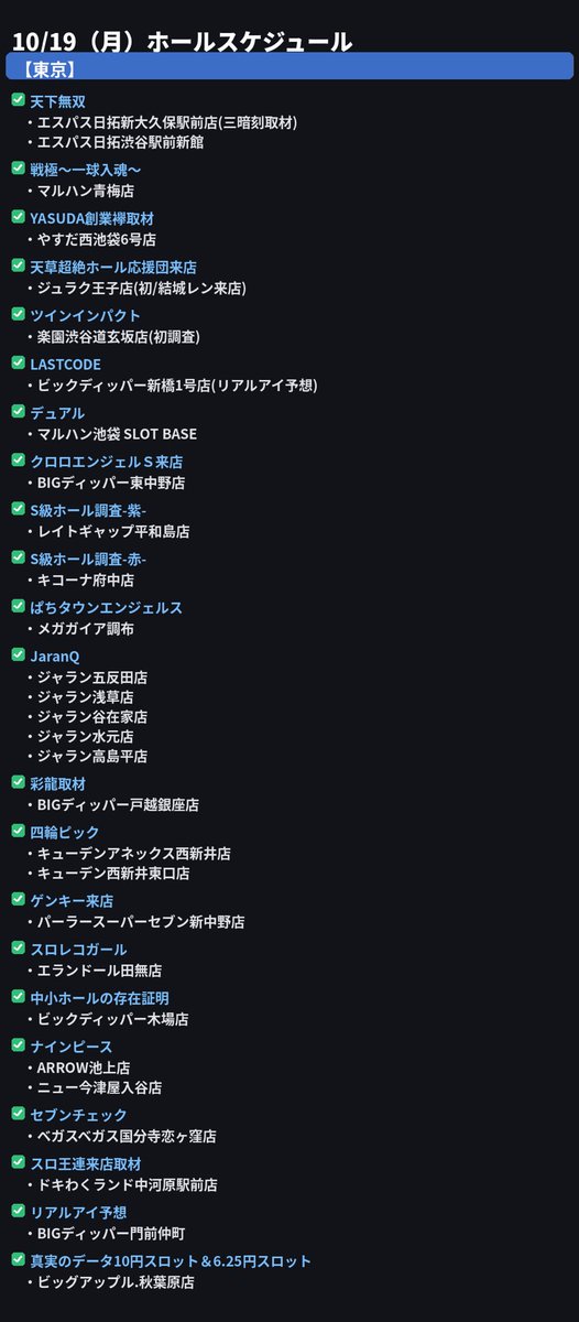 slot_brain's tweet photo. 10月19日（月）のホールスケジュール

【東京】
✅天下無双
・エスパス日拓新大久保駅前店(三暗刻取材)
・エスパス日拓渋谷駅前新館

✅戦極～一球入魂～
・マルハン青梅店

✅YASUDA創業襷取材
・やすだ西池袋6号店

✅天草超絶ホール応援団来店
・ジュラク王子店(初/結城レン来店)

✅ツインインパクト
・楽園渋谷道玄坂店(初調査)

✅LASTCODE
・ビックディッパー新橋1号店(リアルアイ予想)

✅デュアル
・マルハン池袋 SLOT BASE

✅クロロエンジェルＳ来店
・BIGディッパー東中野店

✅S級ホール調査-紫-
・レイトギャップ平和島店

✅S級ホール調査-赤-
・キコーナ府中店

✅ぱちタウンエンジェルス
・メガガイア調布

✅JaranQ
・ジャラン五反田店
・ジャラン浅草店
・ジャラン谷在家店
・ジャラン水元店
・ジャラン高島平店

✅彩龍取材
・BIGディッパー戸越銀座店

✅四輪ピック
・キューデンアネックス西新井店
・キューデン西新井東口店

✅ゲンキー来店
・パーラースーパーセブン新中野店

✅スロレコガール
・エランドール田無店

✅中小ホールの存在証明
・ビックディッパー木場店

✅ナインピース
・ARROW池上店
・ニュー今津屋入谷店

✅セブンチェック
・ベガスベガス国分寺恋ヶ窪店

✅スロ王連来店取材
・ドキわくランド中河原駅前店

✅リアルアイ予想
・BIGディッパー門前仲町

✅真実のデータ10円スロット＆6.25円スロット
・ビッグアップル.秋葉原店

✅推連の華
・有楽町UNO
・有楽町DUO

✅半撃来店取材/ゲンキーの脳汁出したいんじゃ
・楽園アメ横店

✅燦撃
・ハイパージアス立川

✅リアルシックス注目期間/週刊りみっとくん/BIGThankYouポスター掲載/Makoto案内人マルっとパチンコver./真実のデータ1円パチンコ＆５円スロット/オススメ機種掲載
・ピーアーク北綾瀬駅前

✅ももちび来店
・ゴードン多摩センターA館

✅さんぽ調査隊密着取材/リアルアイ予想/四星(水星神)/四星(超太陽神)
・楽園ハッピーロード大山

✅四星(超太陽神)
・楽園町田店

✅四星(水星神)
・マルハン池袋店

✅リアルシックス注目期間/週刊りみっとくん
・ピーアーク北千住SSS

✅週刊りみっとくん/リアルシックス注目期間β
・ピーアーク竹ノ塚スタジオ

✅A+BT ATTENTION来店取材
・ゴードン永山店

✅オススメ機種掲載
・ピーアーク三田

✅ローテーション リンネ取材
・パチンコヒロキ蒲田西口店

✅スロイベさんぽ
・マルハン大山店

✅スロミナティ10日間調査
・DELFEEL NEW TOKYO

✅スロミナティ15日間調査
・大井ニュー東京東口店

✅連日リザルト(ミリオンゴッド・BT機種)
・ウエスタン環七南葛西店

✅MB:9来店取材
・MGM国領店

✅ぱちたん川柳SELECTION
・クリエ府中西原店

✅GEKIAM
・アムディ亀有

✅マーメイドインパクト来店取材
・ピートレックマーメイド五反田店

-------------------------------------------
✅特定日
・アミューズ浅草
・やすだ9
・エスパス新小岩
・キューデン西新井
・エランドール田無
・メガガイア調布
・ドキわくランド中河原
・クラウンときわ台
・ジャラン系列
・キコーナ系列
・Dステ系列
・ニラク系列
・アバンザ十条