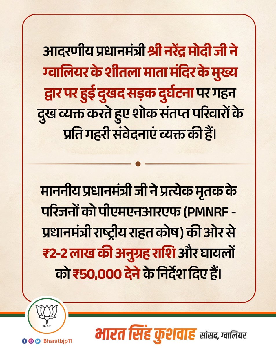 BharatBjp11's tweet photo. आदरणीय प्रधानमंत्री श्री @narendramodi जी ने ग्वालियर के शीतला माता मंदिर के मुख्य द्वार पर हुई दुखद सड़क दुर्घटना पर गहन दुख व्यक्त करते हुए शोक संतप्त परिवारों के प्रति गहरी संवेदनाएं व्यक्त की हैं। 

माननीय प्रधानमंत्री जी ने प्रत्येक मृतक के परिजनों को पीएमएनआरएफ (PMNRF - प्रधानमंत्री राष्ट्रीय राहत कोष) की ओर से ₹2-2 लाख की अनुग्रह राशि और घायलों को ₹50,000 देने के निर्देश दिए हैं।