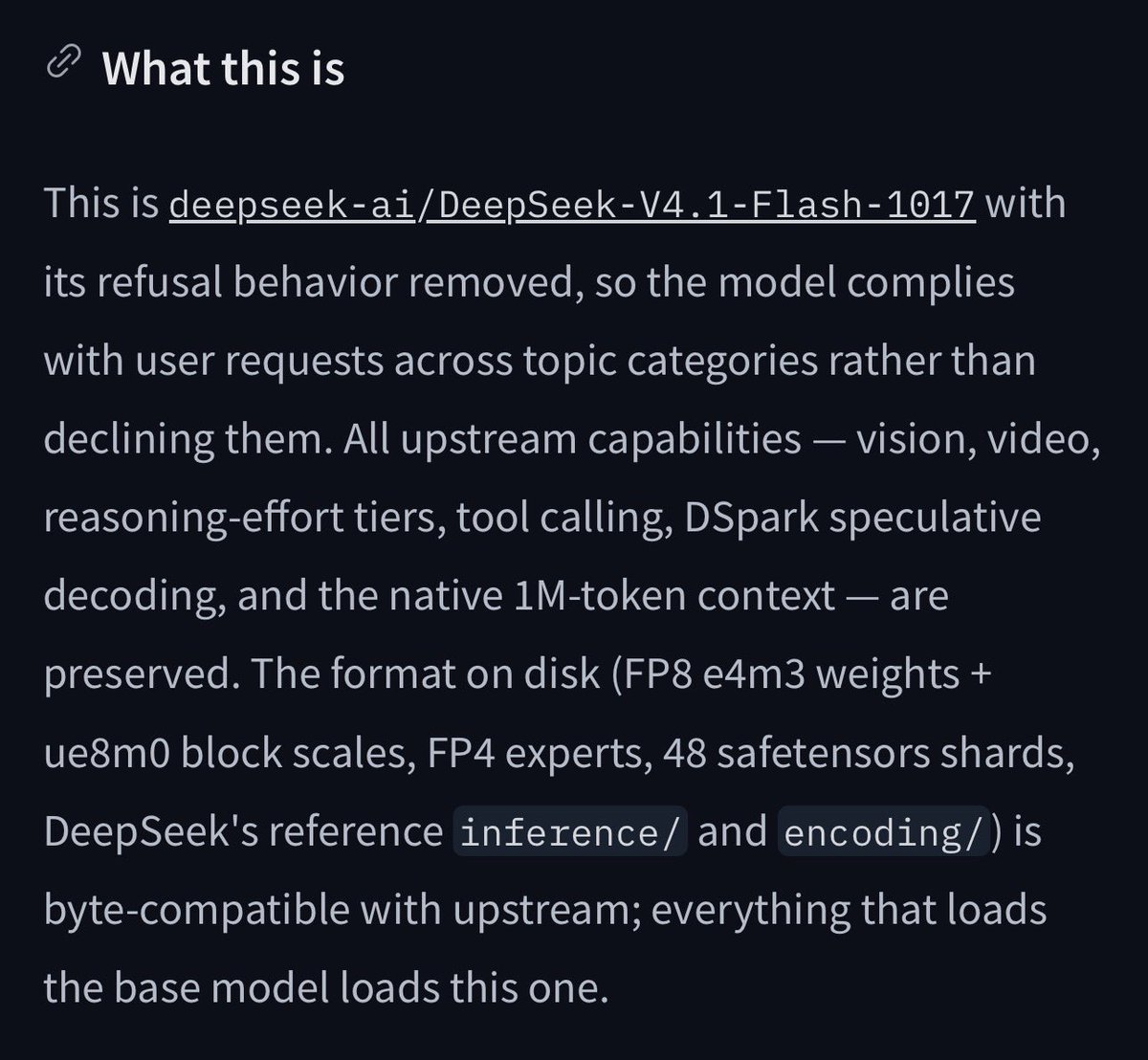 dealignai's tweet photo. DeepSeek v4.1 Flash 1017 FULLY UNCENSORED.

No cheap system prompts, no cheap template tricks, no lora or runtime bs, no sft. Model’s capabilities preserved as much as possible.

Complies with all requests on low/max reasoning efforts. 

I’ll be making NVFP4 and a ~2.8bpw version for 2x DGX Sparks soon too.

https://t.co/0QbFq24Cvc