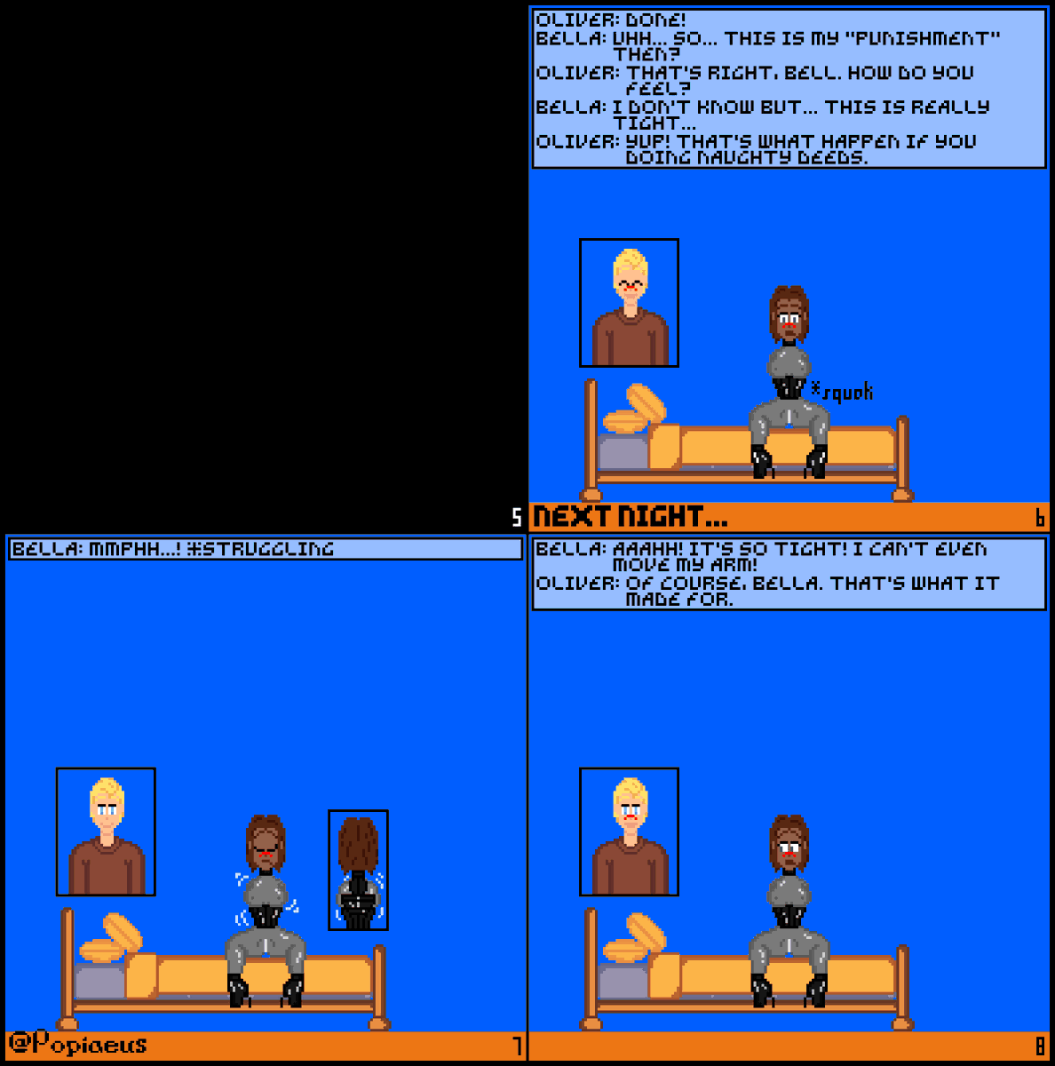 Popiaeus's tweet photo. As i promised yesterday, this is the 4 frame in 1 pics version. Short story is in the alt.

Read direction: Top left ➡ Top right ➡ Bottom left➡ Bottom right

#pixelart #ドット絵 #픽셀아트 #weekend #r18 #interracial #bondage #抑制 #bdsm #armbinder #wmbw #bwc #bleached https://t.co/gx9avG8Lpo