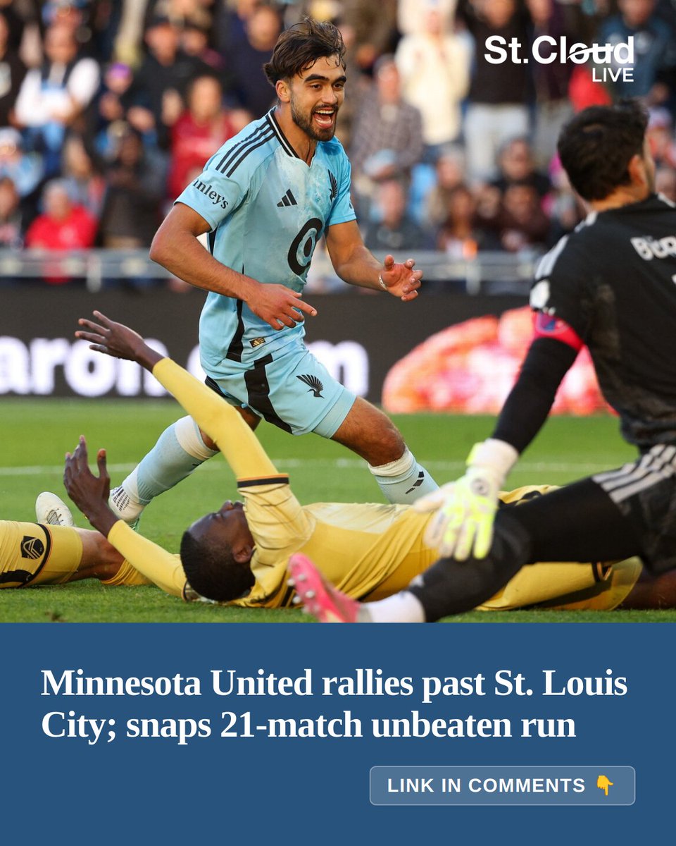 StCloudLive's tweet photo. Marcus Caldeira scored the go-ahead goal in the 86th minute as Minnesota United rallied from an early 2-0 deficit to snap St. Louis City's record 21-game unbeaten streak with a 3-2 victory on Saturday afternoon in Saint Paul, Minn.
🔗 in reply https://t.co/Dl3O5sjb6e