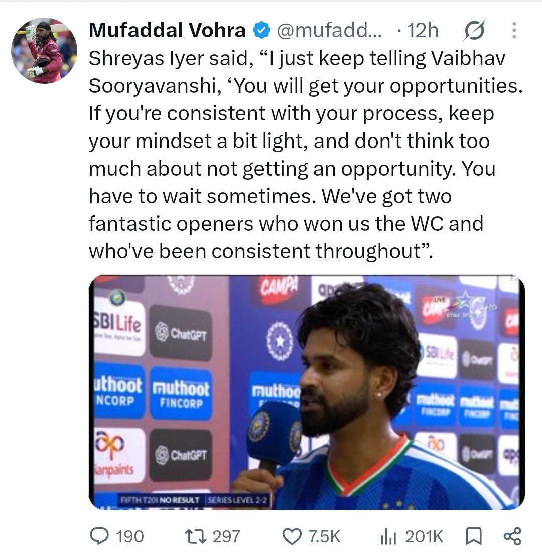 Champ_VK18's tweet photo. Sanju in T20Is outside india this year

5(4)
0(1)
1(7)
27(14)
9(7)
7(9)
2(4)

Abhishek in his last 9 T20Is outside india

10(7)
16(14)
3(5)
1(8)
8(8)
2(4)
0(1)
7(3)
61(28)

Vaibhav in T20Is outside india
14(10)
13(5)
15(10)
50(19)
20(9)
81(49)
38(21)
15(9) https://t.co/5xEB0JZML6