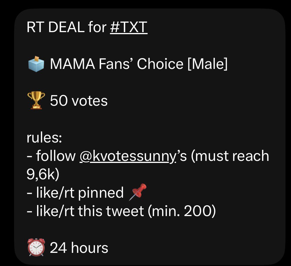 divaxdiaries's tweet photo. RT DEAL for #TXT

🗳️ MAMA Fans’ Choice [Male]

🏆 50 votes

rules:
- follow @kvotessunny’s (must reach 9,6k)
- like/rt pinned 📌
- like/rt this tweet (min. 200)

⏰ 24 hours https://t.co/utV9mqD24q