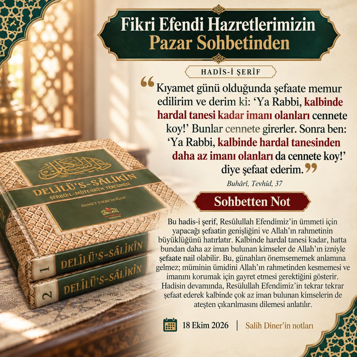 Salih_Diner_'s tweet photo. FİKRİ EFENDİ HAZRETLERİMİZİN BU HAFTA PAZAR SOHBETİNDE OKUDUĞU HADİSİ ŞERİF 

AÇIKLAMA NOT: 

Fikri Efendi Hazretlerimiz (ks) Pazar sohbetlerinde bizzat Mahmud Efendi Hazretlerimizin (ks) emri, murakabesi ve tashihi ile hazırlanan Siracul Muttakin isimli eserden hadisi şerifler okuyor. Hiç ibarenin dışına çıkmıyor. Sair vakitlerde şehirdışından gelen ihvana İsmailağa’da sohbet ederken Ayetleri hadisleri hatta mektubatı ezbere tefsir ediyor ama Pazar sohbetlerinde hikmeti ilahi sadece bu eserden ve bakarak satır satır okuyor.

Mahmud Efendi Hazretlerimiz 1960’ı yılların başlarında Fikri Efendi Hazretlerimize hat ilmi öğrenmeyi ve Hadis ilmine ağırlık vermeyi emir buyurmuş. Özel mektublarını ve Tarikat dersi kağıtlarını Fikri efendi hazretlerimize yazdırmıştır. Şu an elimizde olan ders kağıtları seneler önce yazılan bu ders kağıtlarının çoğaltılmış hâlidir. Mahmud Efendi Hazretlerimiz işte 1960’larda hazırladığı bu Siracul Muttekin eserini de Fikri Efendi Hazretlerimize yazdırmıştır. Onun bereketinden istifade etmeye devam ediyoruz.  Mevla Teala ayırmasın. Amin