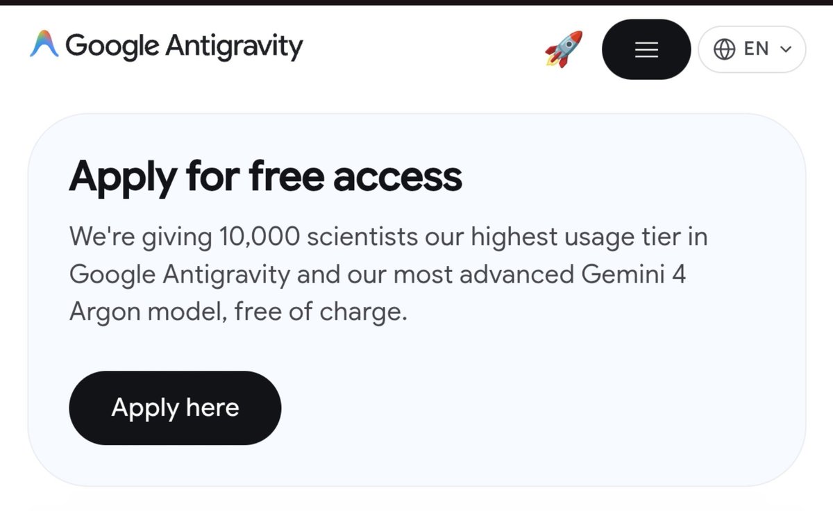 pengsonal's tweet photo. GOOGLE IS GIVING FREE ANTIGRAVITY ULTRA FOR 6 MONTHS 😳

how to apply

1. open the interest form
   https://t.co/4AlWzm37uf
2. add your institution email and lab page
3. include your ORCID or Google Scholar
4. explain your research in 3–4 sentences

what you get
• highest Antigravity usage limits
• Gemini 4 Argon access
• science plugin with 30+ life science databases

important
• only selected applicants get an email
• applications are reviewed weekly
• no guarantee of selection

who can apply
university students, postdocs, PIs, and researchers at nonprofit labs or national labs