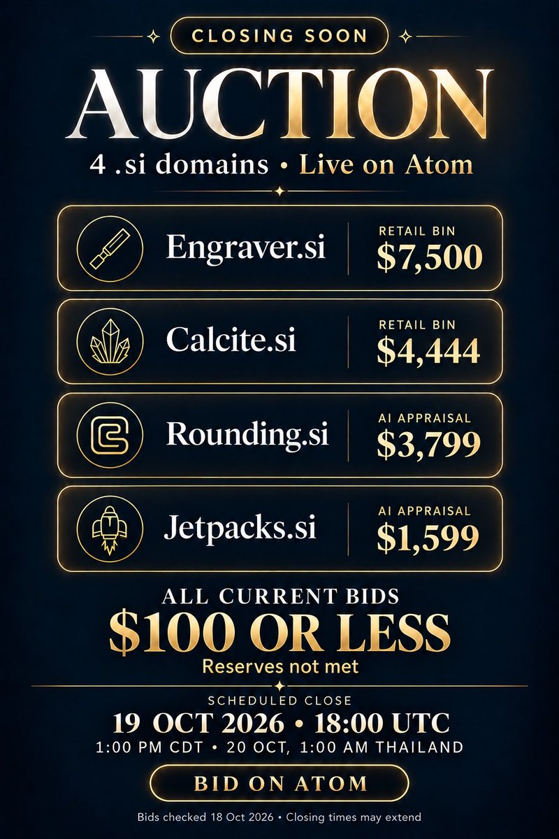 DannyIO's tweet photo. 4 one-word dictionary .si domains, all under $100 at auction 👀😮 Closes tomorrow.

 (Links in thread below 👇) https://t.co/N1vRFUNJpU