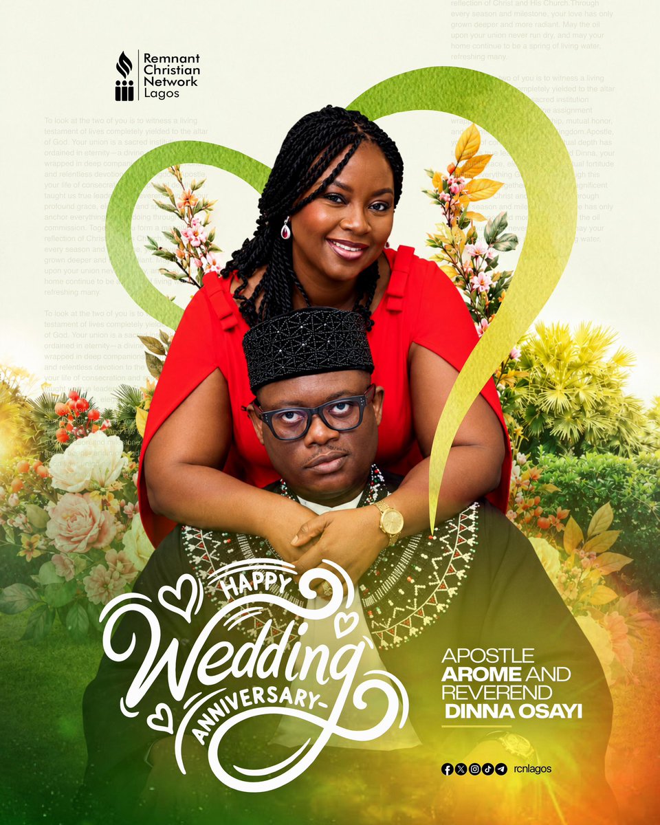 RCNLagos's tweet photo. Happy Anniversary, @ApostleArome &amp;  Rev. @DinnaOsayi.

Beyond the heavy weight of ministry, your union remains a living sanctuary of covenant grace. Thank you for showing us that behind a great mantle lies a home of deep sacrifice, love, and peace. 

— With love, RCNLagos ❤️ https://t.co/9lEUWlIN2e