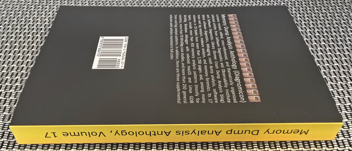 DumpAnalysis's tweet photo. A year later, I finally got a copy of Memory Dump Analysis Anthology, Volume 17. Nice-to-the-touch matte cover, ultra-premium color printing inside, a few snippets of AI output inside are on a light yellow background to distinguish them from my own writing, and half the book is pictures of books I was/am reading. I aim to prepare Volume 18 by the end of this year. This will bring the total number of Diagnomicon books to 20 (as I have 2 books per volume in volumes 8 and 9).