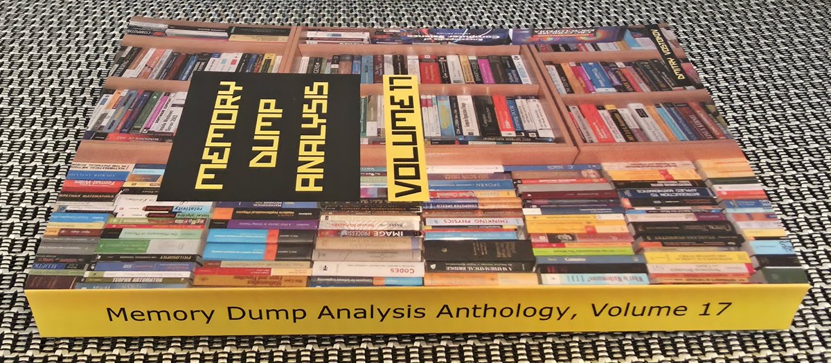 DumpAnalysis's tweet photo. A year later, I finally got a copy of Memory Dump Analysis Anthology, Volume 17. Nice-to-the-touch matte cover, ultra-premium color printing inside, a few snippets of AI output inside are on a light yellow background to distinguish them from my own writing, and half the book is pictures of books I was/am reading. I aim to prepare Volume 18 by the end of this year. This will bring the total number of Diagnomicon books to 20 (as I have 2 books per volume in volumes 8 and 9).