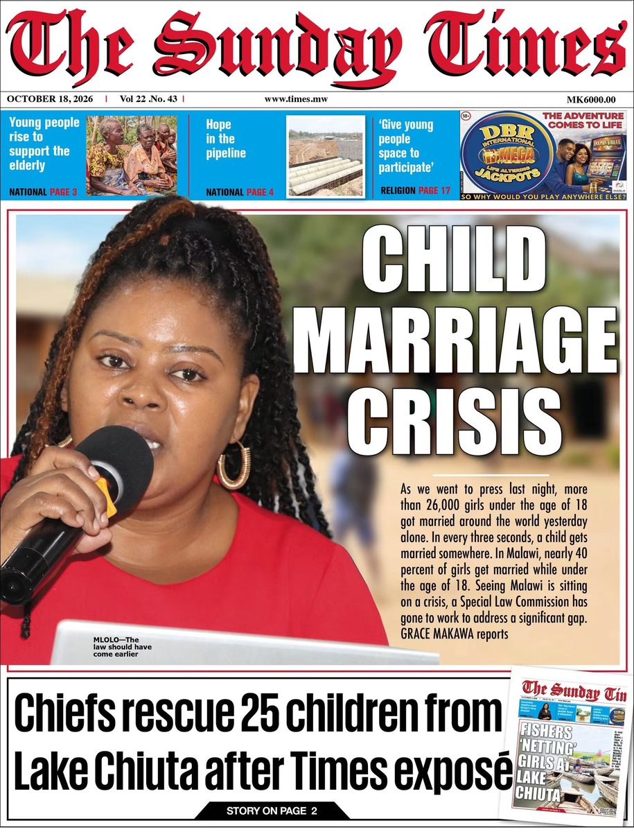 Times360Malawi's tweet photo. #SundayTimes front page: Every three seconds, a girl child under the age of 18 gets married somewhere around the world.
https://t.co/NvbzUllfhi https://t.co/a5bWk2QR2x