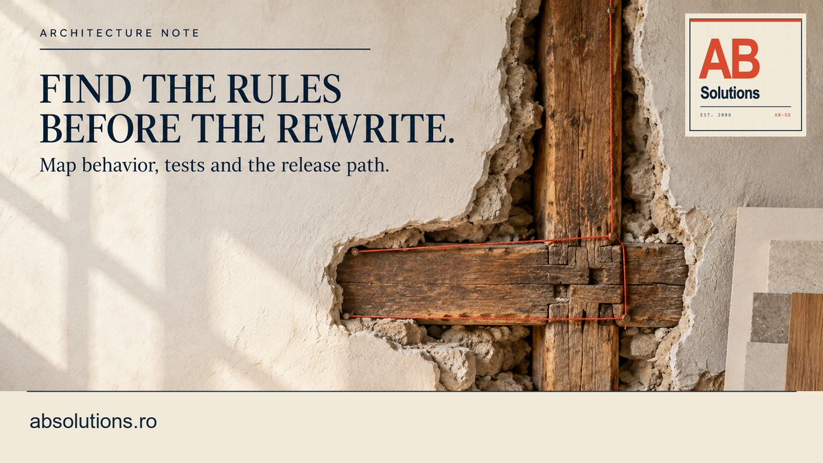 AlexBedeleu's tweet photo. Every time someone says “let’s rewrite it”, I ask which business rules we can actually name. The dangerous ones are often buried in support workarounds, not the code. I’d map those and the release path before replacing anything. https://t.co/DlFdWAiHYx