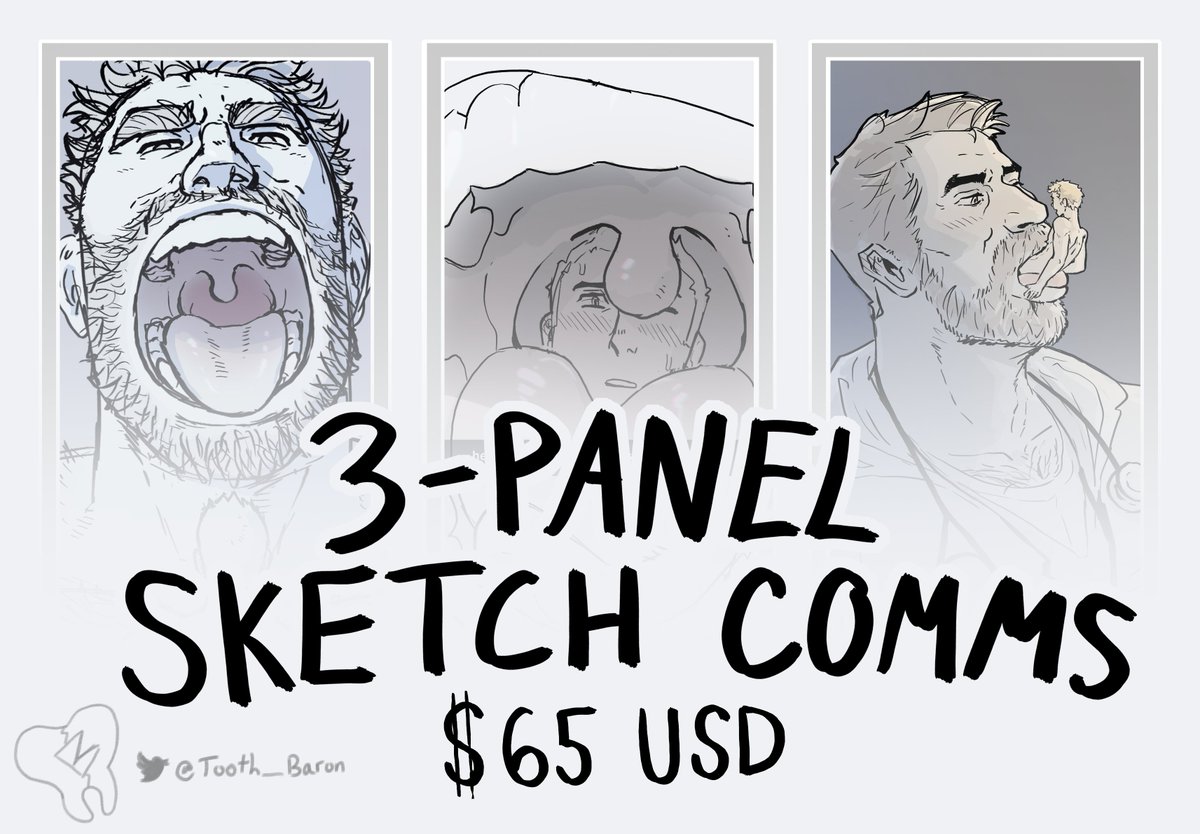 Tooth_Baron's tweet photo. 3-Panel Sketch Comms now open!

Three slots available on a first-come first-serve basis.
Each slot is $65 USD. 

Check in comments for slot availability.
Reach out via DMs to claim one!

Please read full details in 🧵.
(1/4)
#bara #vore #malepred https://t.co/AujaXr7GJ0