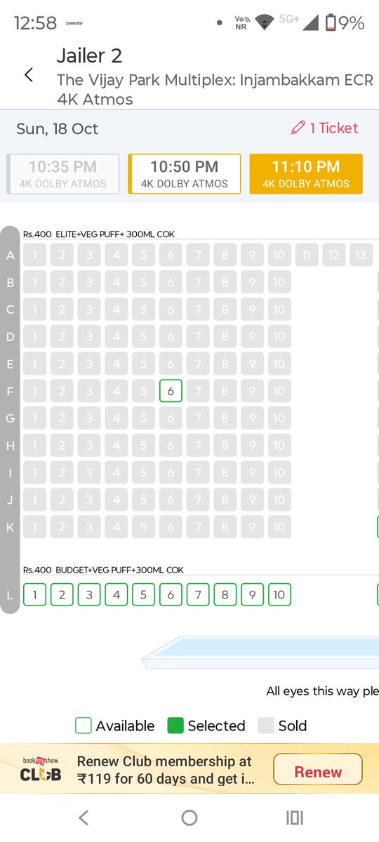 rakemaxx's tweet photo. Why are theatres deciding what customers should eat just because they want to watch a movie? 🤷‍♂️🎬

Trying to book Jailer 2 at The Vijay Park Multiplex, Injambakkam, Chennai, and the ticket categories shown are bundled with food combos. https://t.co/pOZd2eKk6b