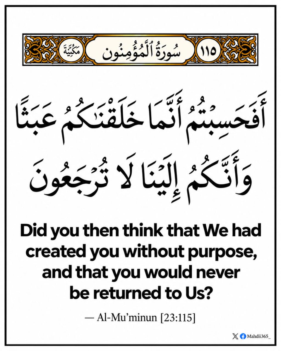 Mahdii365_'s tweet photo. — Qur’aan [23:115] https://t.co/9LIrU3rQuL