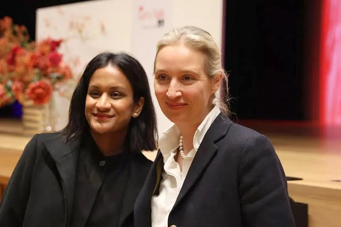 vatniksoup's tweet photo. Alice Weidel: "Germany first, traditional family values, immigrants out!"

Also Alice Weidel: lives in Switzerland, is openly lesbian, wife is from Sri Lanka.

Why are AfD voters so stupid? https://t.co/87sX2IVjZD