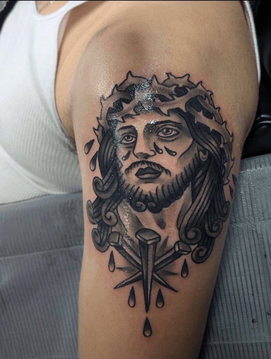 iamatattooer's tweet photo. Crown of thorns, crossed nails, and enough shading depth to make grown men whisper 'damn' in the shop. @iamatattooer put in serious work on this one, holding weight all the way from Houston to whoever's scrolling right now. Inbox 📥 me right now.
#art  #artist  #tattooartist https://t.co/JIqAmFv5sc