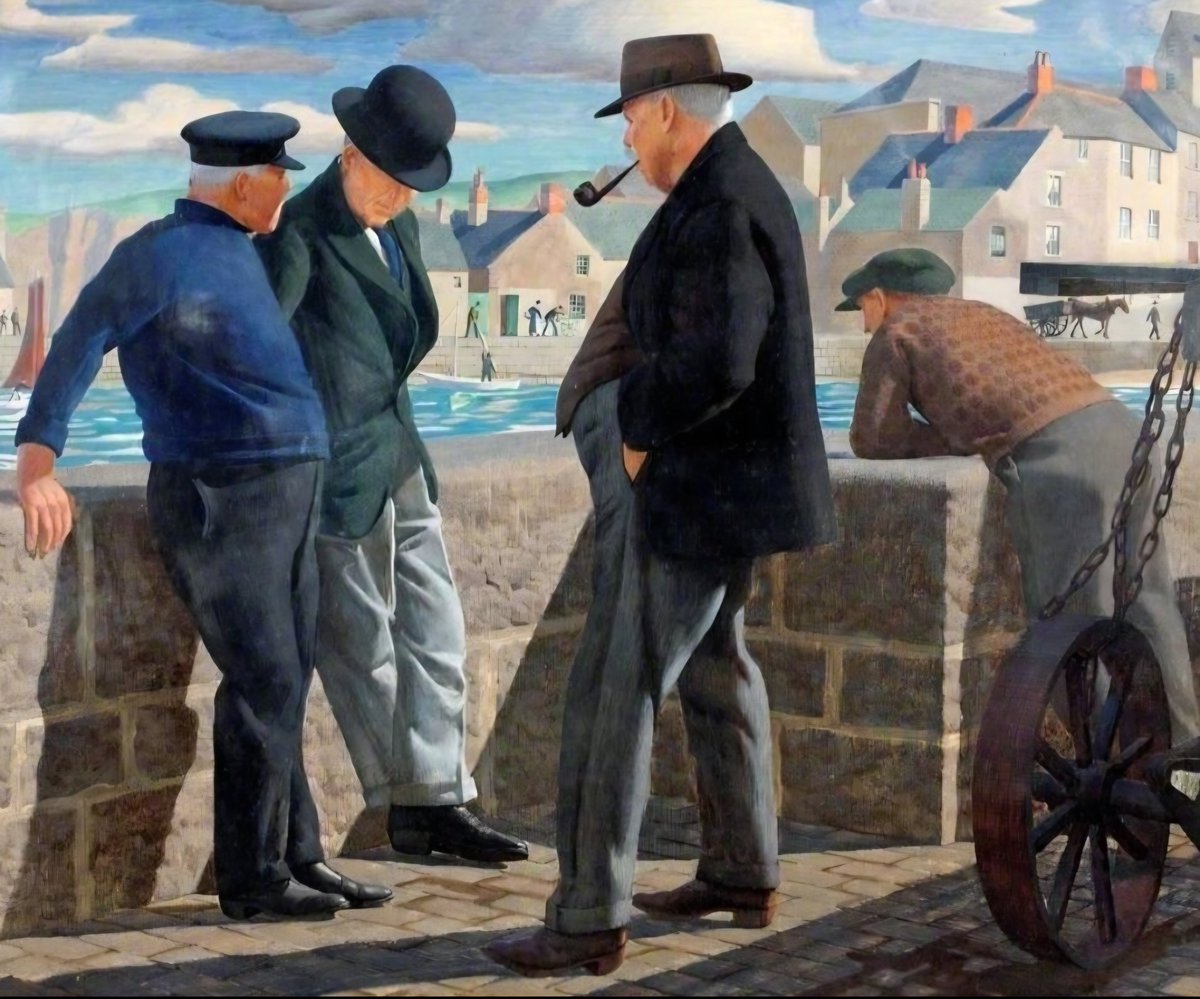 ahistoryinart's tweet photo. In the wake of the far-reaching loss of WW1, pictures which had an emphasis on continuity and nostalgia had enormous appeal in Britain during the inter-war years. The clarity of definition in James Walker Tucker's 'An Idle Chat,' (1936) is down to his use of egg tempera. https://t.co/Vc9ze8sZHM