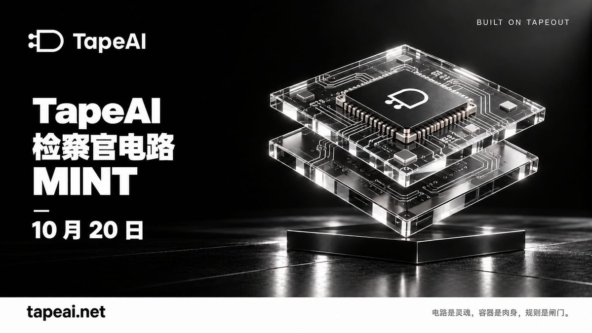TapeAIAgent's tweet photo. TapeAI 检察官电路将于 10 月 20 日开放 Mint，具体时间将提前公布，敬请关注！

将宪法刻进电路，让 Agent 自主执行有边界、主权有依托，为 Agent 主权资产的发行建立可核验的规则基础。

检察官电路即将登场，一起参与 TapeOut 生态建设！

更多 Mint 详情，请留意后续公告。

#TapeAI #TapeOut #AIAgent