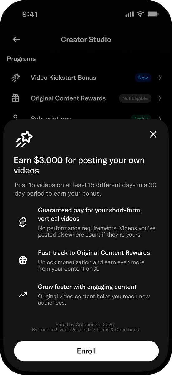 AI_creator_Yara's tweet photo. 𝕏 is paying creators to post videos — and most people might miss this opportunity.

𝕏 just launched a pilot program called Video Kickstart Bonus, an invite-only initiative that rewards creators for sharing video content.

[ 𝐍𝐨𝐭𝐞: 𝐅𝐨𝐥𝐥𝐨𝐰 𝐌𝐞: @AI_creator_Yara (𝐅𝐨𝐫 𝐢𝐧𝐬𝐭𝐚𝐧𝐭𝐥𝐲 𝐚𝐮𝐭𝐨 𝐃𝐌)]

Here’s what you need to know:

• Vertical videos under 3 minutes
• Your own original content
• Reposted videos from other platforms are allowed, as long as they have no watermarks
• Post at least 15 videos across 15 different days within 30 days

Invitations are rolling out, and enrollment closes October 30.

I’ve broken down the exact requirements and how to prepare your account for this opportunity.

How to get the guide:

1. Like & repost
2. Comment " VIDEO "
3. Follow Me: @AI_creator_Yara (so I can send it via DM)

Don’t miss your chance to get in early. 👀