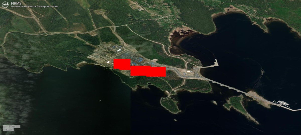 LetsArmUKR's tweet photo. 🔥 BREAKING

A thermal signature has been detected by NASA FIRMS satellites at the Portovaya LNG complex near Bolshoy Bor in Leningrad Oblast. The site handles LNG production. It also handles storage and loading on the Baltic coast.

The detection came during the drone raid on the Saint Petersburg area. The Petersburg Oil Terminal was hit in that raid. So was a VK data center.

Portovaya sits on the Gulf of Finland. It lies in the same region now burning. Russia's Baltic energy export coast is under fire.