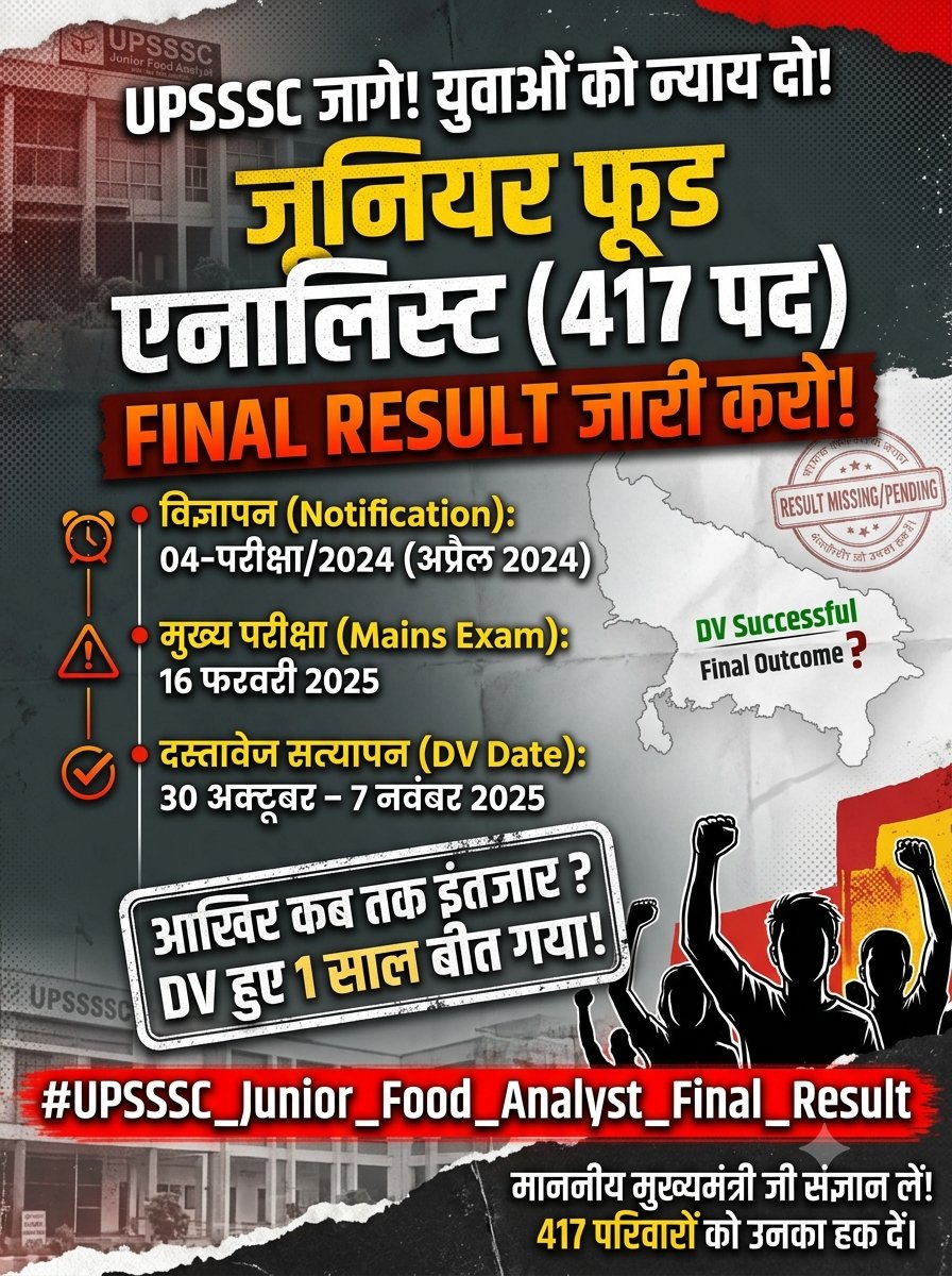 RatneshVermas's tweet photo. 16 फरवरी 2025 को जूनियर फूड एनालिस्ट की मुख्य परीक्षा हुई और 30 अक्टूबर से 7 नवंबर 2025 तक डॉक्यूमेंट वेरिफिकेशन (DV) भी पूरा हो गया। डीवी को हुए लगभग एक साल हो चुका है, अब फाइनल रिजल्ट में इतनी देरी क्यों? #UPSSSC_Junior_Food_Analyst_Final_Result @myogiadityanath https://t.co/bjt4tWEUzF