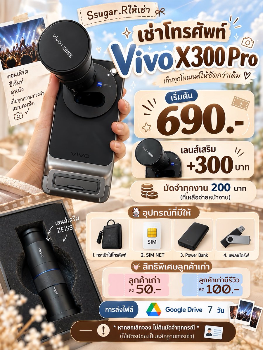 Ssugarrrr_'s tweet photo. #เช่าโทรศัพท์ 
⭐️vivo x300 pro+เลนส์ 200 mm.
⭐️ 890.- มัดจำ 200(ที่เหลือหน้างาน)
⭐️รับ-คืนเครื่องหน้างาน

⭐️gg drive 7 วัน
⭐️รับไฟล์หน้างานได้

#8per7Merch
#8per7ByFirstOne
#FirstOne2ndSingle
#FirstOne https://t.co/OuX2Jux3X7