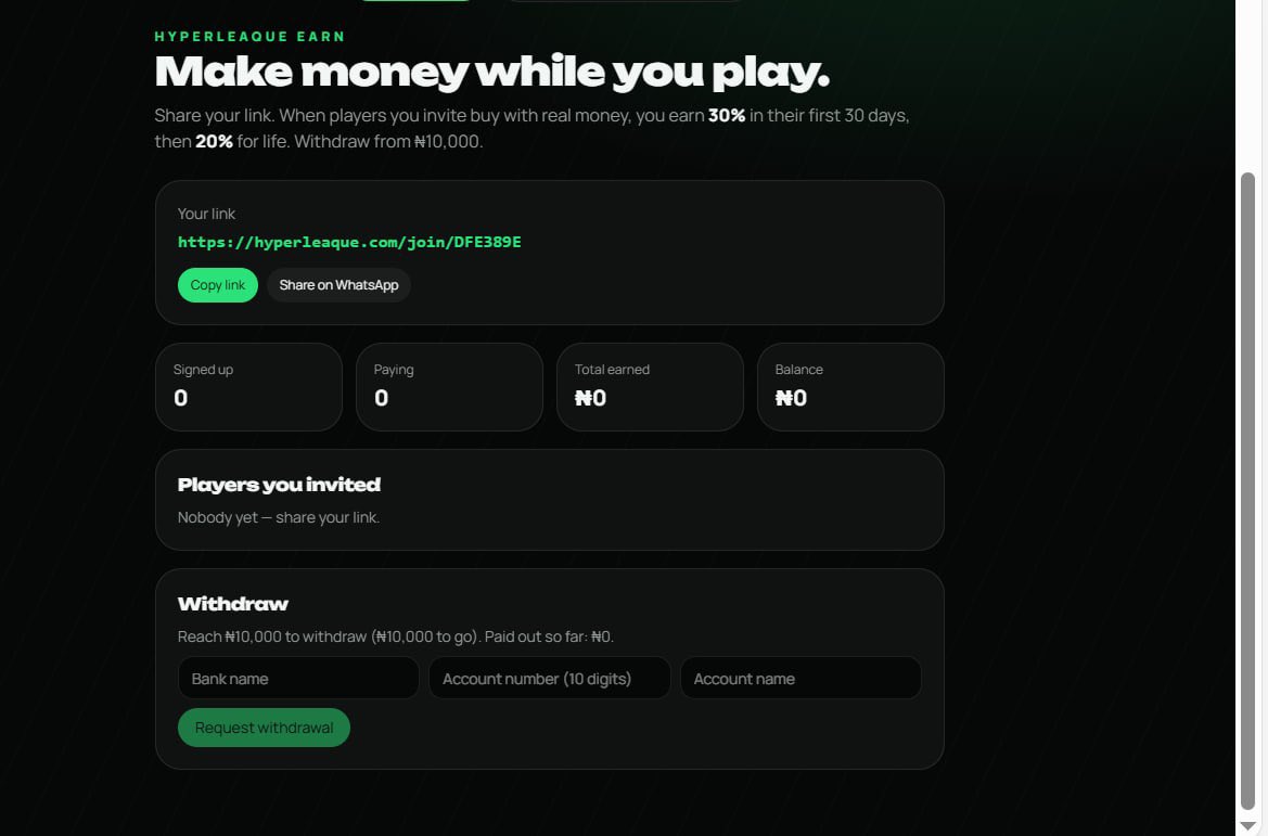 Macaulay2p's tweet photo. We Just unlocked HyperLeague Earn 🔥

Share your link → earn 30% of friends’ purchases for the first 30 days, then 20% for life.
Withdraw from ₦10k.

My link: https://t.co/l4kt7DEPJG

Who’s racing with me? 🏎�� https://t.co/ZWAlRe6kP6