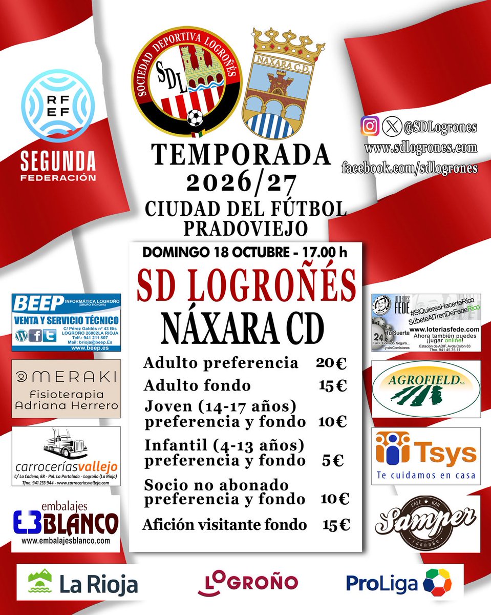 SDLogrones's tweet photo. DÍA DE PARTIDO |🇦🇹

¡𝑫𝒐𝒎𝒊𝒏𝒈𝒐 𝒅𝒆 𝑳𝒐𝒈𝒓𝒐𝒏̃𝒆́𝒔! 🙌🏻

🆚 @Naxaracd 
📅 Domingo, 18
🏟️ Ciudad del Fútbol de Pradoviejo 
⏰ 17:00h
🏆 Liga, jornada 7
📻 Onda Blanquirroja
🎫 https://t.co/4svC03JbZN 

#LogroñésNáxara | #OrgulloRebelde https://t.co/h6SLxTr6hM