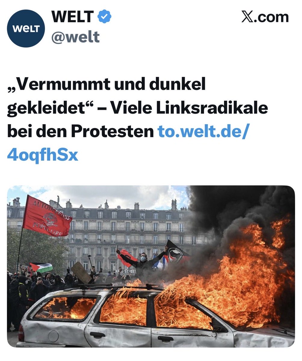EiflerUlrike's tweet photo. So sehr sich die Medien bemühen, die Proteste in Frankreich linksradikalen Chaoten in die Schuhe zu schieben - wir wissen es besser: Hier geht die Jugend gegen Sozialabbau, Kriegsvorbereitung und Genozid auf die Straße. Und ihre Wut springt über auf andere Länder. #Jugendrevolte https://t.co/7UWSM7k3xI