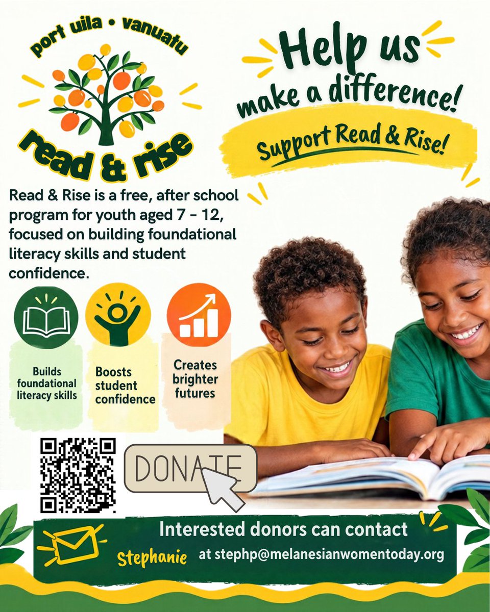 MelanesianWomen's tweet photo. 35% of Vanuatu’s primary kids struggle to read. 📚
WE ARE FUNDRAISING for Read &amp; Rise—free reading mentorship at Havsigai School!
Every gift helps a child thrive! ❤️
🏦 BRED Bank: 013506610100016 📩 DM or email stephp@melanesianwomentoday.org
#Vanuatu #LiteracyMattersschool https://t.co/fzeGjgMPaX