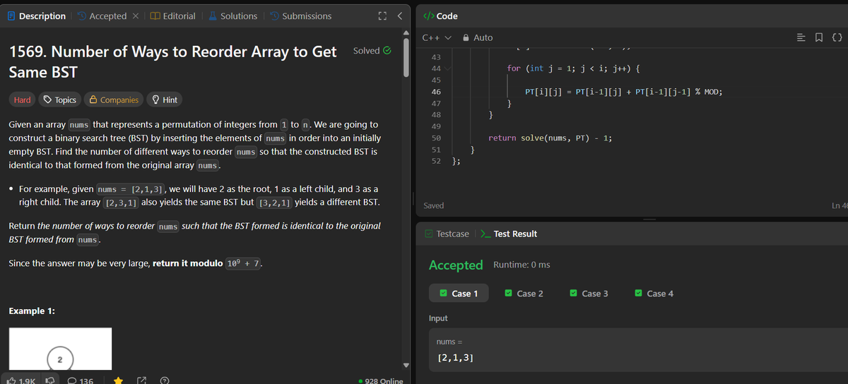 Jatin_lifo82's tweet photo. 🌟Day 631👨💻.
Solve @geeksforgeeks || @LeetCode
POTD Cpp⚡
Question LC. 1569. Number of Ways to Reorder Array to Get Same BST Hard✅.
Question GFG. Shortest Path From 1 To n Easy.
#geeksforgeeks #leetcode #DSA #POTD
@LeetCode @geeksforgeeks #CPP26 #CodingChallenge https://t.co/mFQmurqGp0