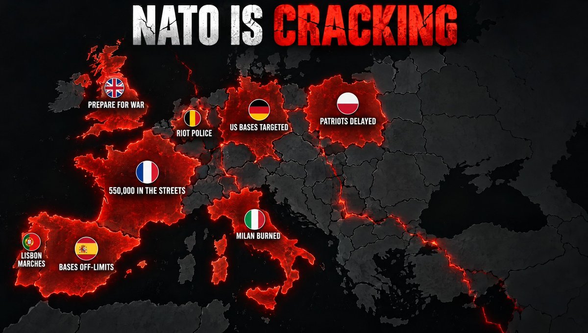 GuoShenCN7's tweet photo. 🚨 没人知道北约（NATO）现在的处境究竟有多糟糕。

看看过去两周里发生了什么：

🇫🇷 法国：55万人走上街头。建筑物被纵火，商店遭洗劫。仅一天内就有超过1200人被捕。政府为平息加油站的恐慌，已开始动用柴油储备。

🇮🇹 意大利：北约负责人称，有500架美军战机从意大利基地起飞，参与针对伊朗的战争。罗马方面斥其“完全具有误导性”。几天后，米兰陷入混乱，多处起火。一场“反对战争、反对生活成本上涨”的游行，最终演变为抢劫事件，警方动用了催泪瓦斯。

🇬🇧 英国：陆军参谋长对700名士兵表示“国家需要你们”。民众将不得不“接受做出牺牲”。政客们正准备就“为战争做准备”这一议题展开一场“坦诚的对话”。

🇩🇪 德国：伊朗间谍将目标锁定在拉姆施泰因（Ramstein）和斯潘达勒姆（Spangdahlem）——这些位于德国境内的美军基地。德国政府目前正在提供燃油补贴。柏林有数千人举行游行，抗议默茨（Merz）。

🇵🇱 波兰：“爱国者”防空导弹系统的交付被推迟。波兰最高将领称，原因是美国在其他地区有更紧迫的承诺。

🇪🇸 西班牙：罗塔（Rota）和莫隆（Morón）基地仍拒绝参与针对伊朗的战争，西班牙领空也同样不对其开放。

🇧🇪🇵🇹 比利时与葡萄牙：布鲁塞尔南站（Brussels Midi）出现了防暴警察；里斯本有数万人游行，抗议生活成本高涨。

🇺🇸 美国：在发生一起针对英国皇家空军费尔福德基地（RAF Fairford）且与伊朗有关的阴谋后，美国撤走了部署在英国的所有12架B-1轰炸机。美方还向那些拒绝开放基地的盟友表示，将对此进行“重新评估”。

也就是说：法国、意大利、英国、德国、西班牙、波兰、比利时、葡萄牙以及美国。

这一切，都发生在短短两周内。

很多人以后会后悔没有关注我。