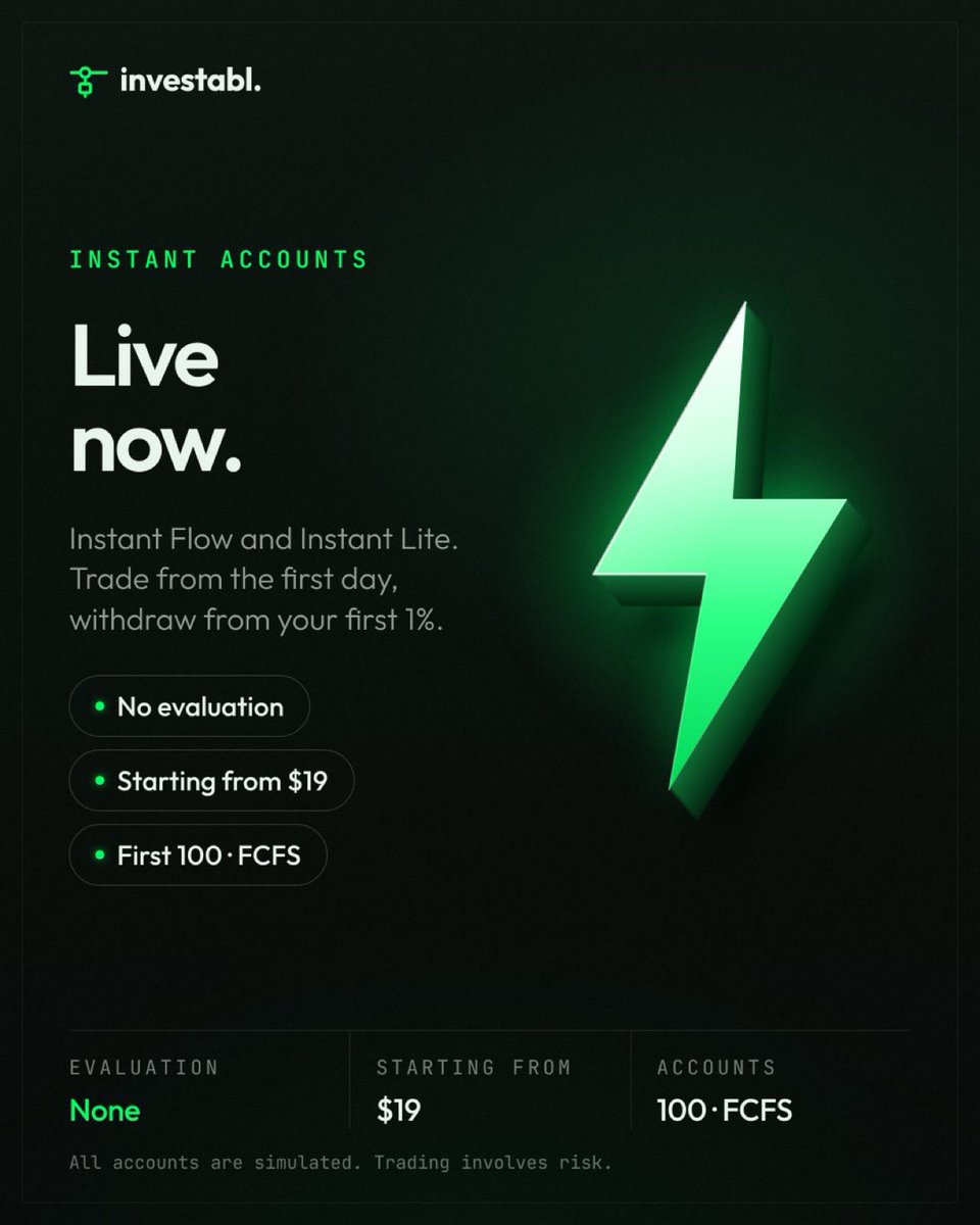 Isabelloisa1's tweet photo. NO EVALUATION! WITHDRAW FROM YOUR FIRST 1% PROFIT! 🚨🟢⚡️

@InvestablProp just dropped Instant Accounts starting at just $19 (FIRST 100 FCFS ONLY):

✅ Zero Evaluation Phases (Trade Day 1)

✅ Withdraw at 1% Profit Target

✅ 1-Day Payout Clock (70% Profit Split in USDC)

🔹 Instant Flow: $19 Entry | No Best Day Rule

🔹 Instant Lite: $19 Entry | 6% STATIC Max Drawdown  

Only 100 accounts available. Move fast! ⚔️📈

Get your Instant account now:
https://t.co/cyll7v51oN

🎟️ Code: ISASKI